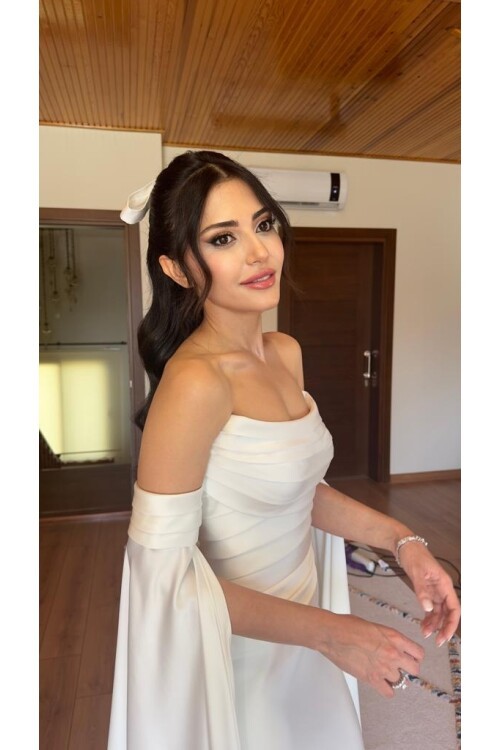 Saten Drapeli Pelerin Elbise