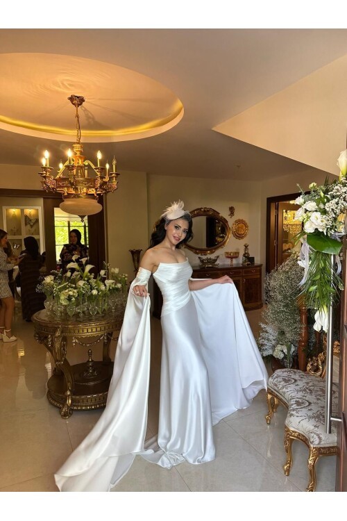 Saten Drapeli Pelerin Elbise