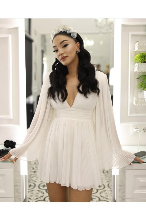 Mini Beyaz Pilise Elbise