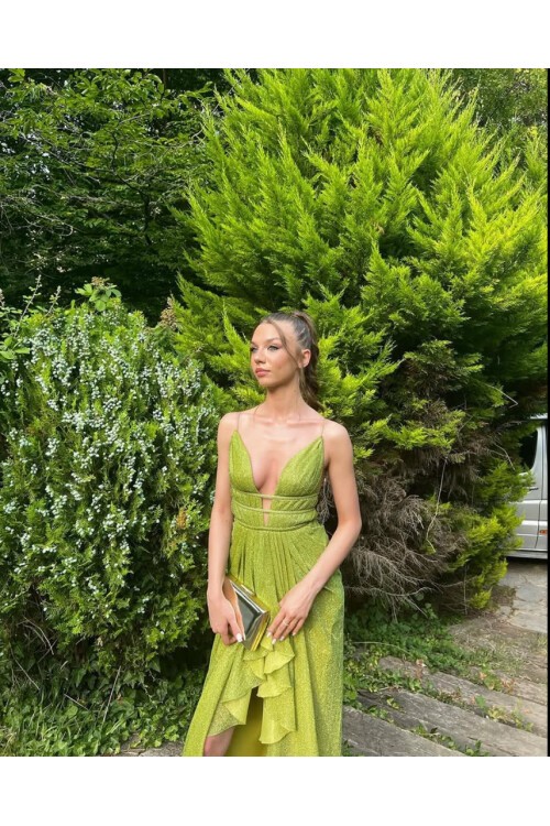 Yeşil Fırfır Detaylı Elbise