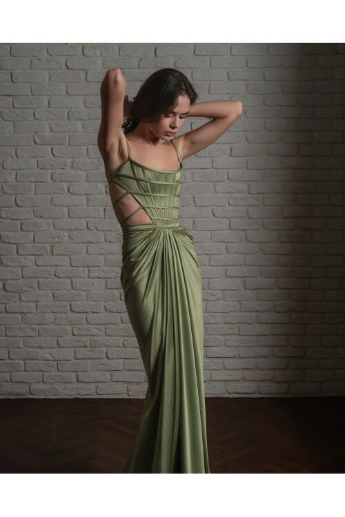 Yeşil Korse Drapeli Elbise